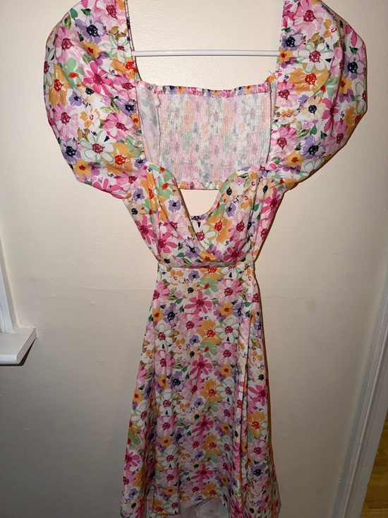 SHEIN Dresses & Skirts - SHEIN Pink Multicolor Floral Puff-Sleeve Midi Dress